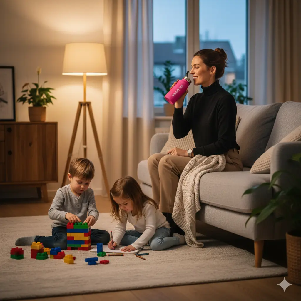 maman qui bois avec sa Sili Gourde pendant que ses enfants jouent