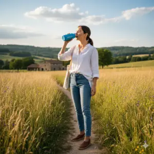 femme à la campagne qui se désaltère avec sa sili gourde